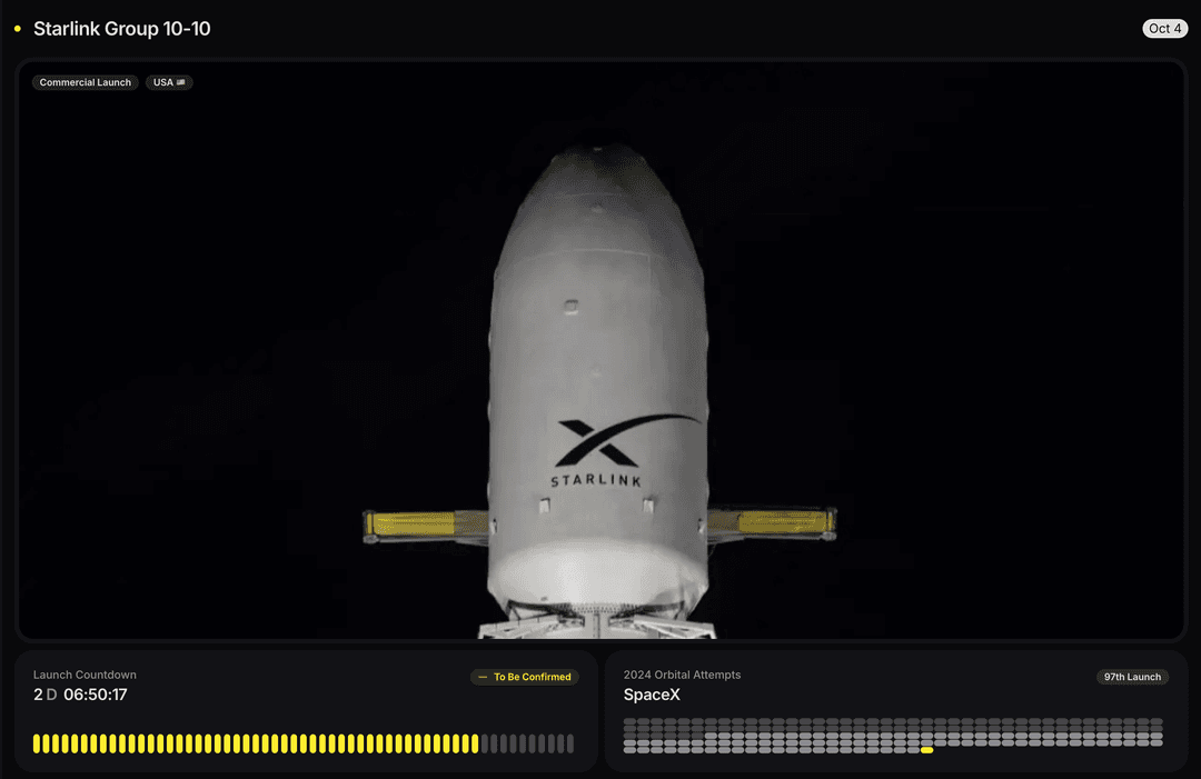 SpaceX Starlink mission launch countdown interface showing rocket fairing with progress bar and mission details