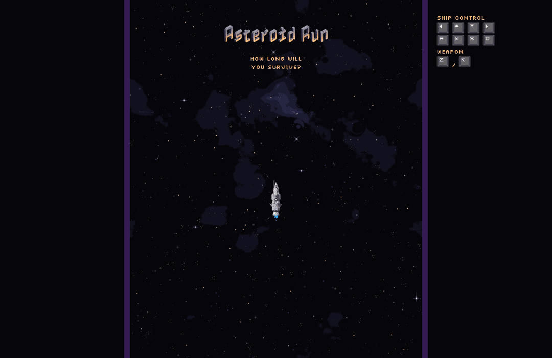 Asteroid Run game title screen showing a spaceship against a starry background with the text "How long will you survive?"