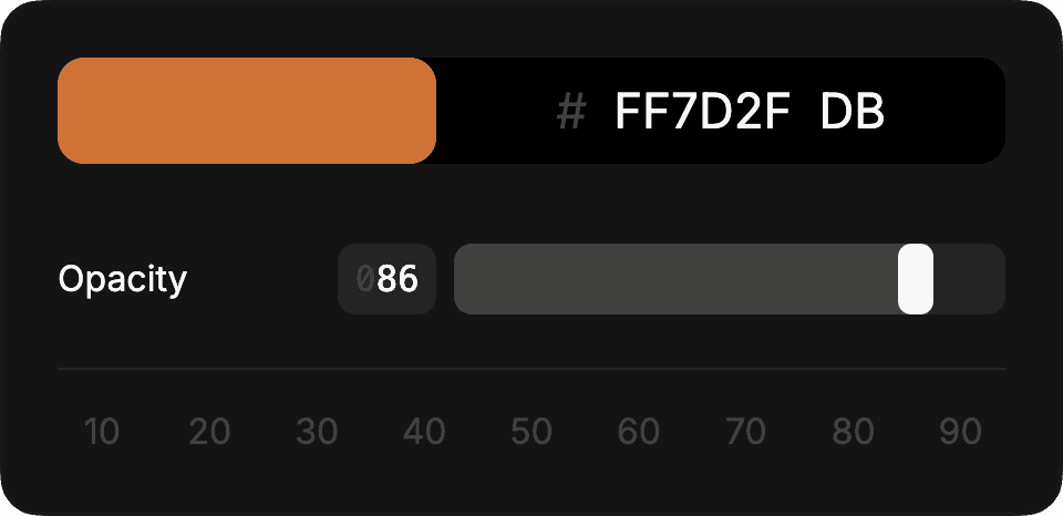Hex color opacity tool interface showing color FF7D2F with 86% opacity slider